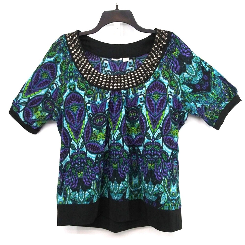 Cato Blouse Womens Size XL Blue Green Floral Short Sleeve Studded Neckline Top